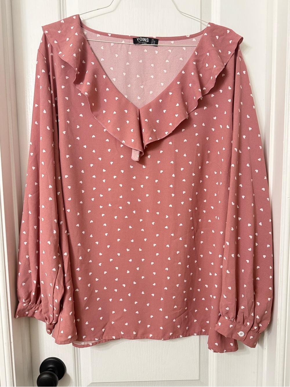 Yoins dusty pink long sleeve blouse white heart ruffled Vneck Size 3XL